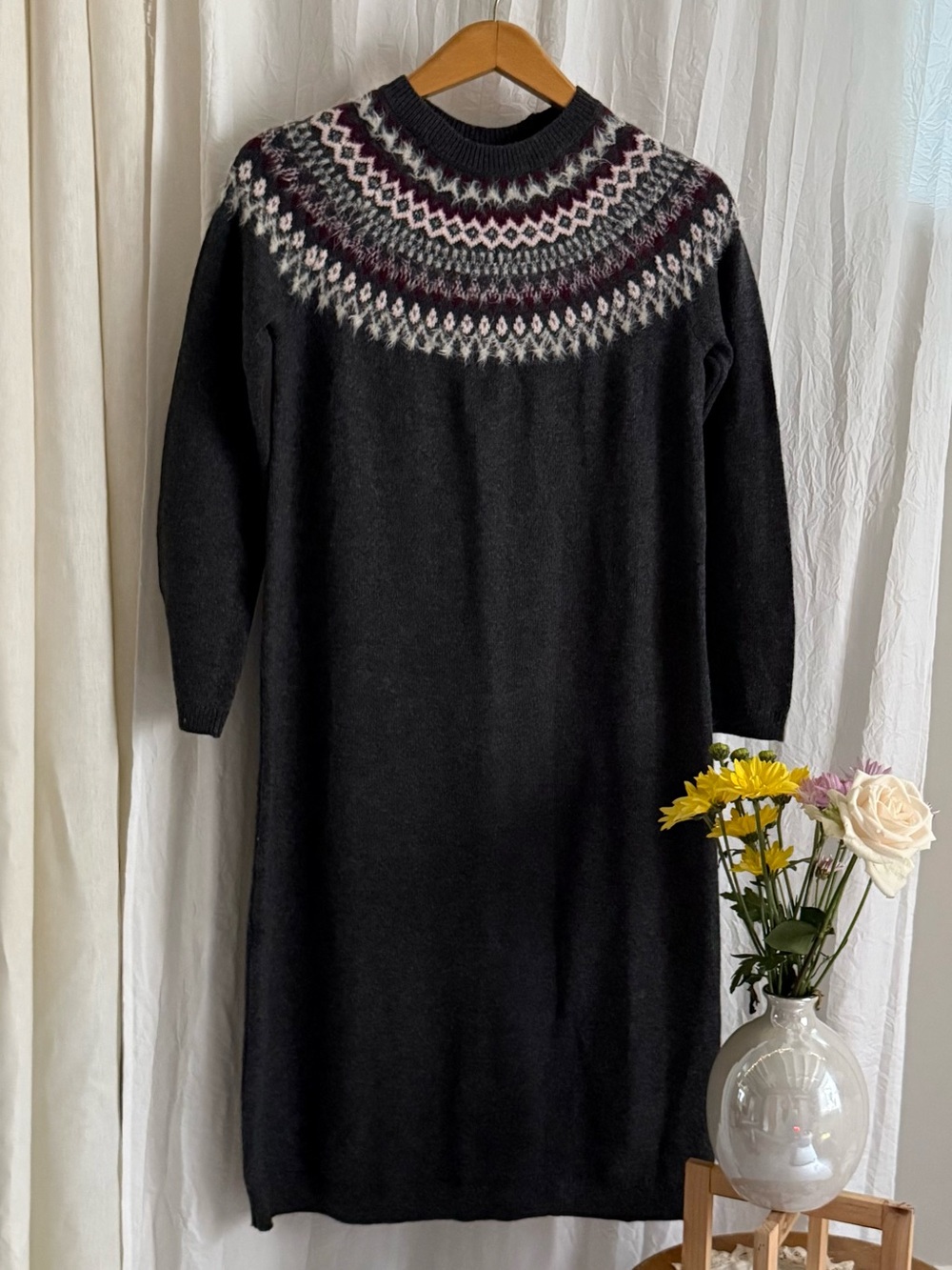 NWT J.Jill Fair Isle Sweater Dress XS Charcoal Gray Nordic Cotton Midi $129
